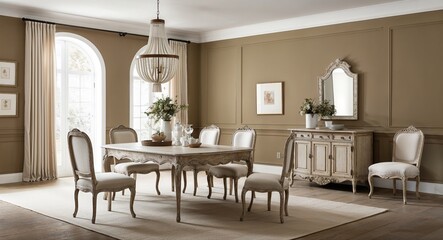 Soft beige and white hues with antique inspired wood furniture