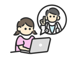 ノートパソコンで、オンライン診療を受ける女性のアイコン（線画カラー）のイラスト
