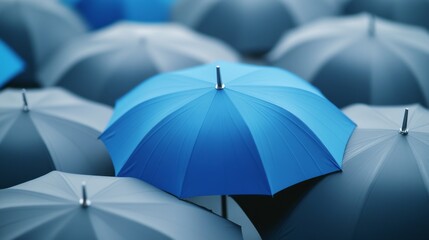 Blue umbrella on top of other gray umbrellas. Business and safety concept