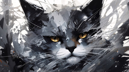 Large-Scale Cat Painting in Abstract Brush Stroke Art Form Ink Style Wallpaper