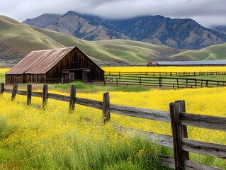A serene landscape featuring a rustic barn surrounded by vibrant yellow flowers and mountains.