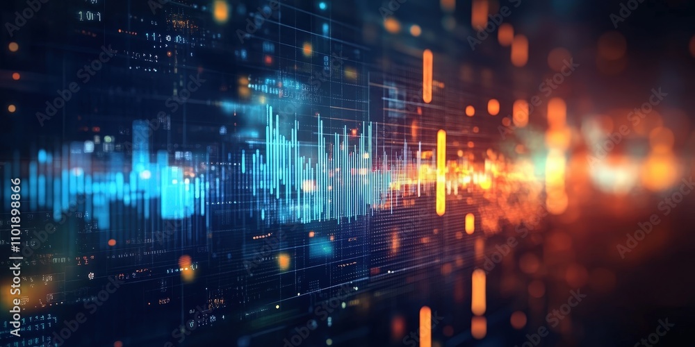 Poster stock market data chart with blue and orange lines on abstract background