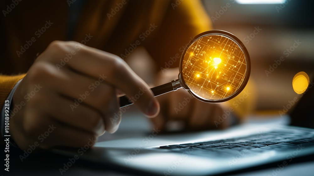 Aufkleber Detailed Examination of Digital Networking Concepts Through a Magnifying Glass Highlighting Connections and Data Flow with a Focus on Modern Technology and Innovation