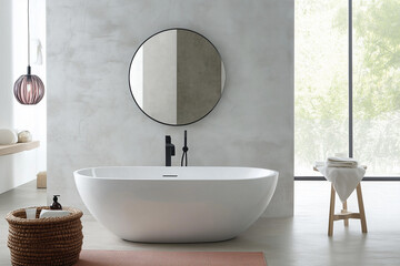 Moderne, frei stehende Badewanne mit Spiegel an der fugenlosen Wand