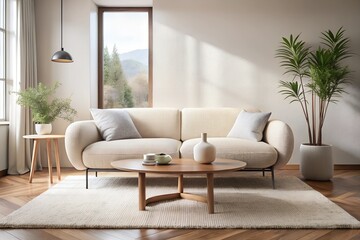 Fototapeta premium Minimalist, japandi style interior design of modern living room. Cute cozy boucle sofa near ellipse coffee table.