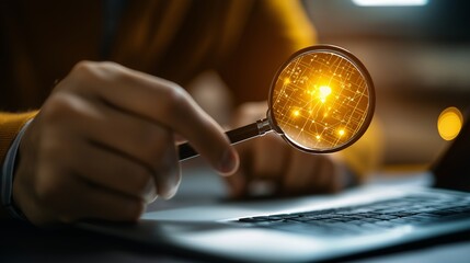 Detailed Examination of Digital Networking Concepts Through a Magnifying Glass Highlighting Connections and Data Flow with a Focus on Modern Technology and Innovation