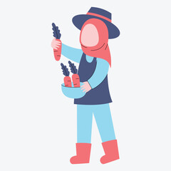 A character holding carrots in a bowl, wearing a hat and boots, depicted in a simple style.