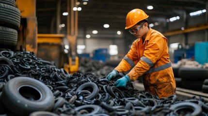Tire Recycling Facility: Dedicated Worker in Action
