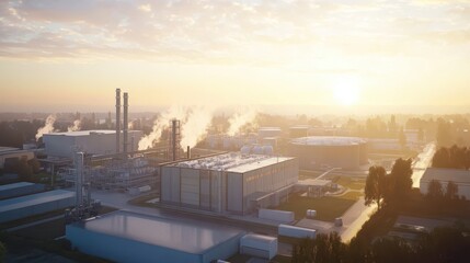 Aerial View of an Industrial Cogeneration Facility: Soft Dawn Lighting Enhancing Power Infrastructure in a Comprehensive Technical Visualization.