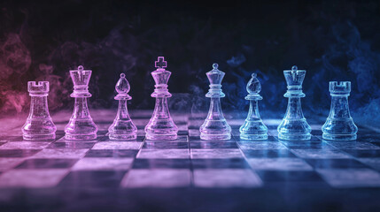 vibrant chessboard features glowing, electrified pieces in pink and blue hues, creating captivating atmosphere. translucent figures stand out against smoky background, enhancing visual appeal