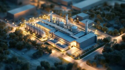 Aerial View of an Industrial Cogeneration Facility: Soft Dawn Lighting Enhancing Power Infrastructure in a Comprehensive Technical Visualization.