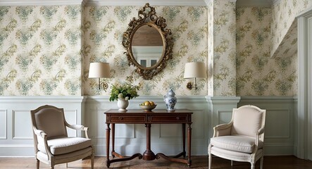 Vintage wallpaper designs paired with antique furnishings and light tones