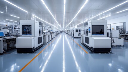 A clean, modern factory with rows of machinery and bright lighting.