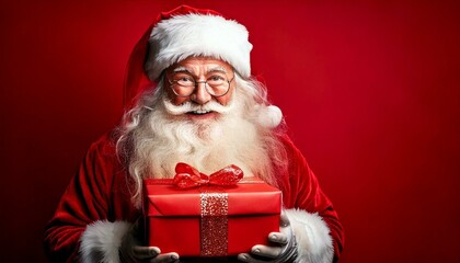 Front view of old santa claus holding present on red wall
