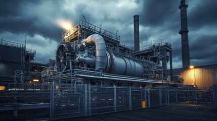 Natural Gas Turbine Generator Maintenance: Close-Up Mechanical Precision in Dramatic Overcast Lighting with Industrial Utility Infrastructure. Cinematic Documentation.