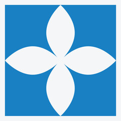 A blue square featuring a white floral design with four symmetrical petals.