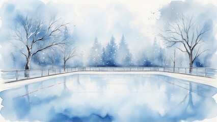 Watercolor frozen pond surrounded by winter trees