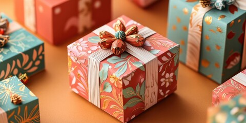 Small handcrafted gift boxes with intricate paper art and holiday-themed patterns
