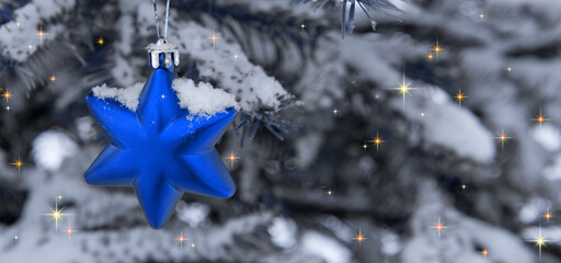 Blue star on snow covered pine branch .Christmas background.