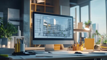 Architectural Design Studio Workspace with Computer Displaying Building Plans