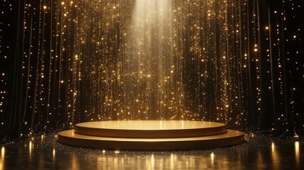 Obraz premium Empty Golden Podium with Shining Lights in a Dim Room