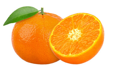 Orange fruit with leaves and half isolated, Orange fruit macro studio photo, transparent PNG, PNG format, cut out