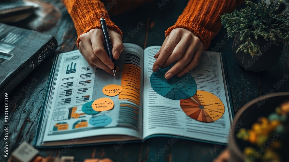 Poster closeup of a person's hands writing in a notebook with colorful pie charts and sticky notes.