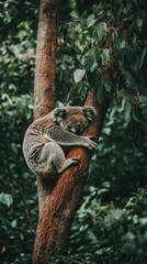 Naklejka premium A Peaceful Koala Napping on a Lush Eucalyptus Tree in Australia's Rainforest