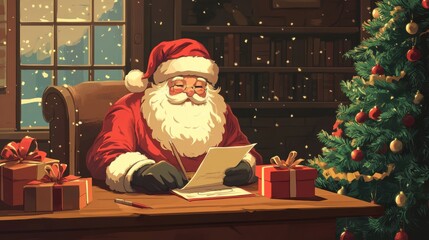 Santa read and reply letter at home with Christmas decoration.