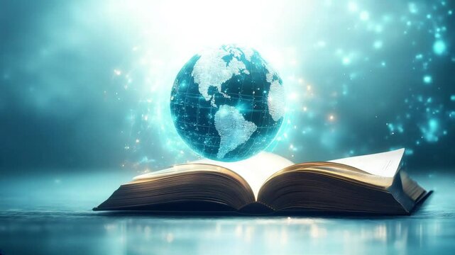 A glowing open book connected to a digital globe, with light trails linking diverse regions, symbolizing universal access to education through technology. The composition is clean and futuristic