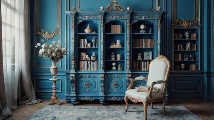Elegant blue room with antique bookcase, chair, and flowers.