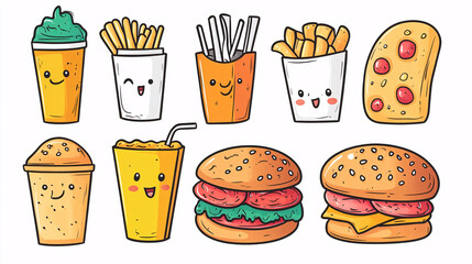 Cute kawaii food elements featuring a variety of fast food items in line art, perfect for kids' coloring pages