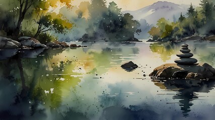 Naklejka premium Tranquil Forest Oasis with Zen Stones and Reflections