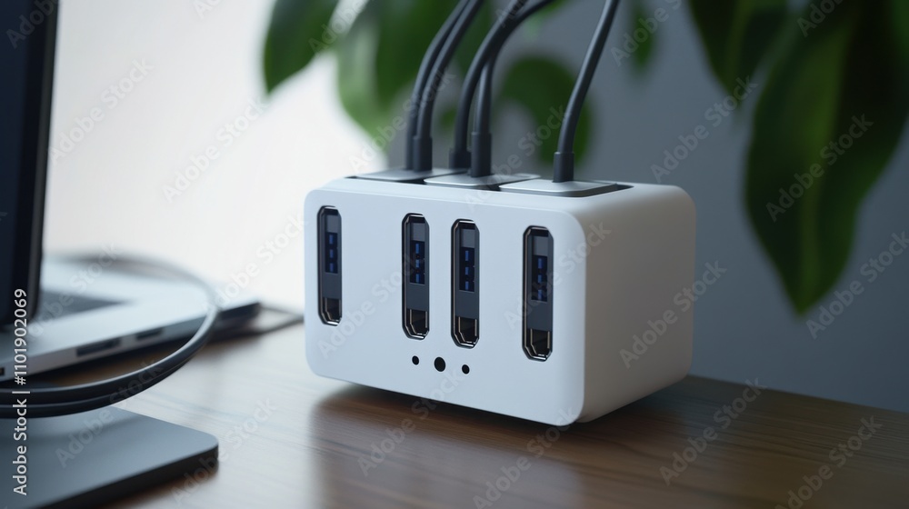 Poster promotional render of a usb-c hub station, featuring a compact and versatile design with clearly vis