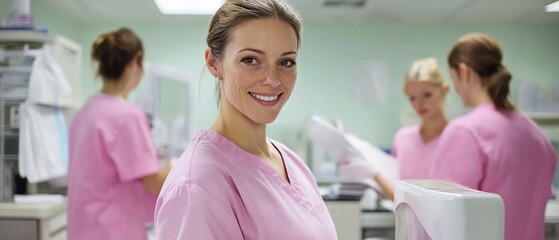 Smiling female nurse in pink scrubs, two colleagues blurred in background.
