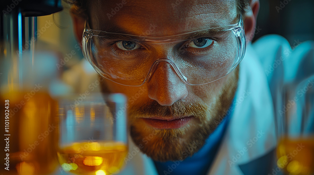 Poster a scientist intensely examines colorful liquids in glass containers while working in a well-equipped
