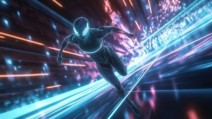 A powerful virtual athlete with a sleek bodysuit emitting glowing lines, performing a high jump 