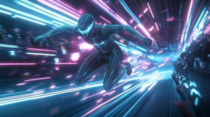 A powerful virtual athlete with a sleek bodysuit emitting glowing lines, performing a high jump 