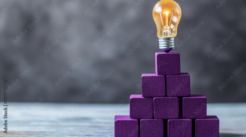 Poster pyramid of purple blocks topped with a light bulb, symbolizing the hierarchy of learning and innovat