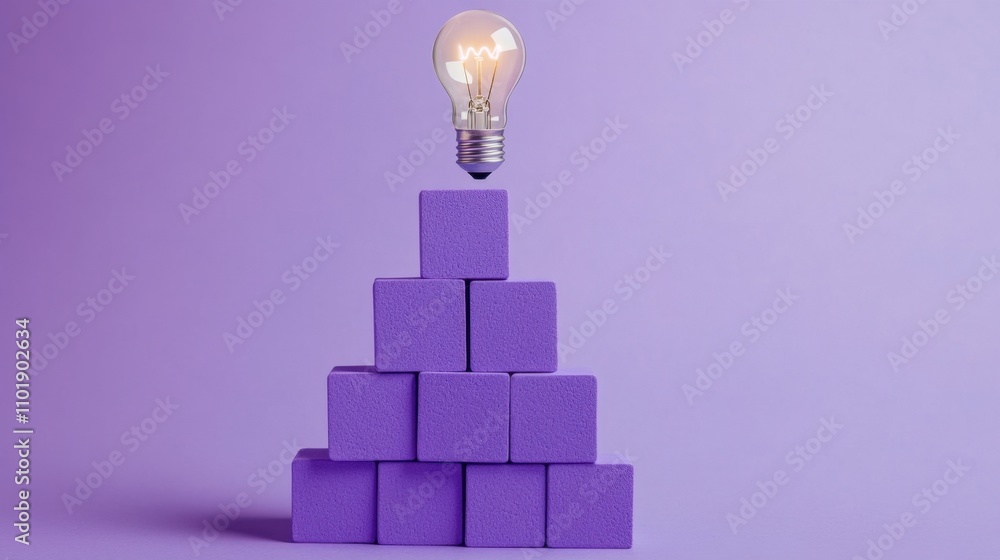 Poster pyramid of purple blocks topped with a light bulb, symbolizing the hierarchy of learning and innovat