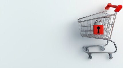 E-Commerce Platform Security Concept. A shopping cart with a red padlock symbolizes security and protection in online shopping or transactions.