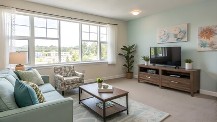 Fototapeta premium Modern living room interior with fireplace, featuring contemporary furniture and decor