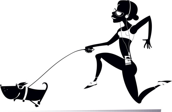 recommend clip art: Running young woman with a dog. 
                    Running girl with a dog listening music on player using headphones. Black and white illustration
                    