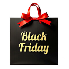 Black gift bag with the inscription "Black Friday" in gold font and a red bow. The background is transparent.