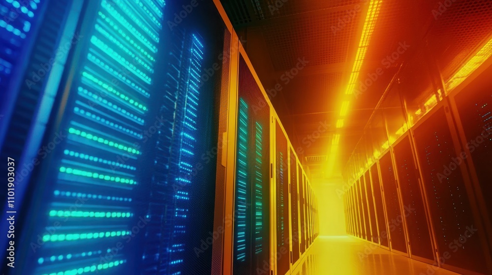 Poster rows of illuminated servers in a modern data center with a cool blue and yellow ambiance, showcasing