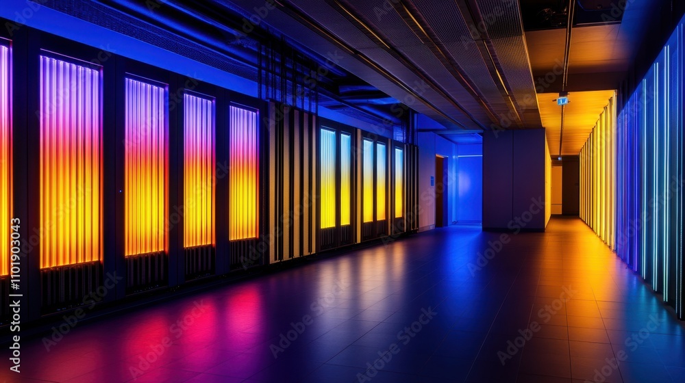 Poster rows of illuminated servers in a modern data center with a cool blue and yellow ambiance, showcasing