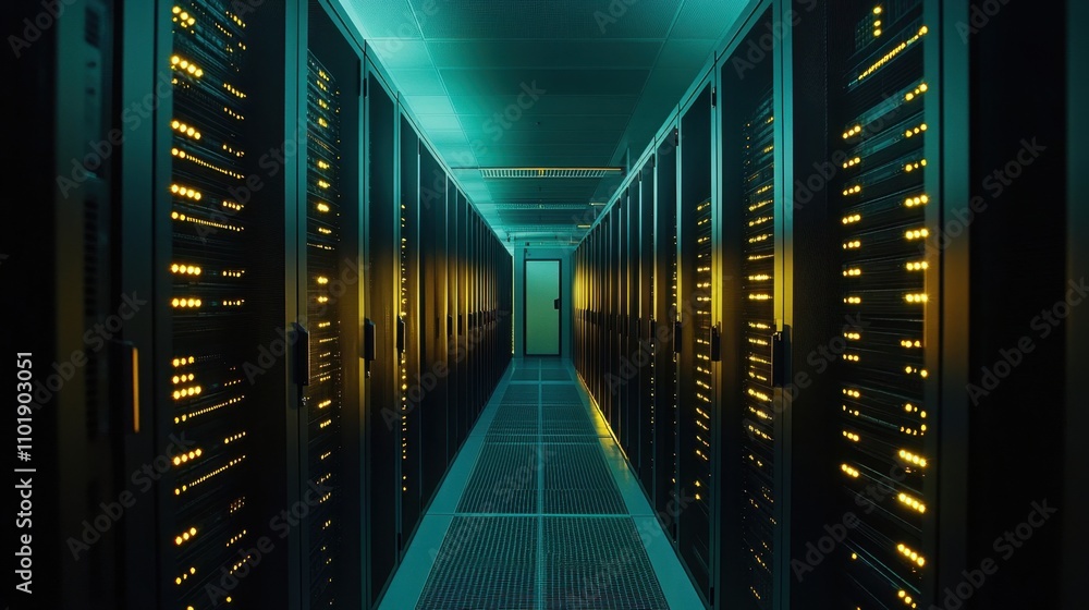 Poster rows of illuminated servers in a modern data center with a cool blue and yellow ambiance, showcasing