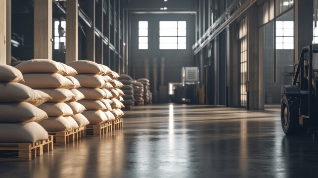 Industrial Warehouse with Pallets and Bags of Goods