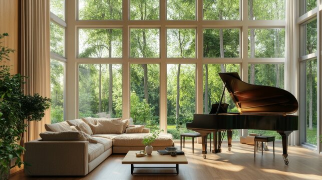 Serene Living Room with Grand Piano and Lush Garden Views