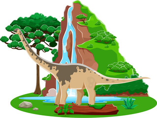 Paralititan prehistoric dinosaur character roaming at serene nature scene. Cartoon vector friendly dino sauropod standing at Jurassic era landscape with lush flora, tall tree, ferns and waterfall © Vector Tradition